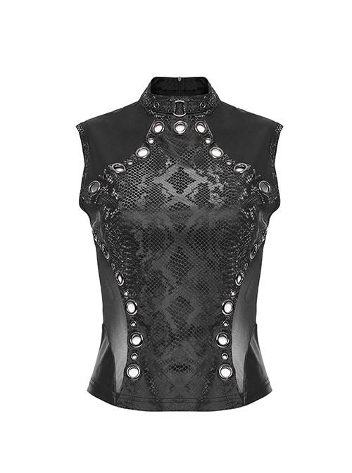 Black Elastic Snake Print Taped Patchwork Mesh With Front Hollow Metal Ring Decoration Punk Vest