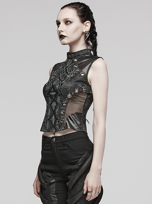 Black Elastic Snake Print Taped Patchwork Mesh With Front Hollow Metal Ring Decoration Punk Vest