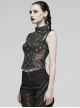 Black Elastic Snake Print Taped Patchwork Mesh With Front Hollow Metal Ring Decoration Punk Vest
