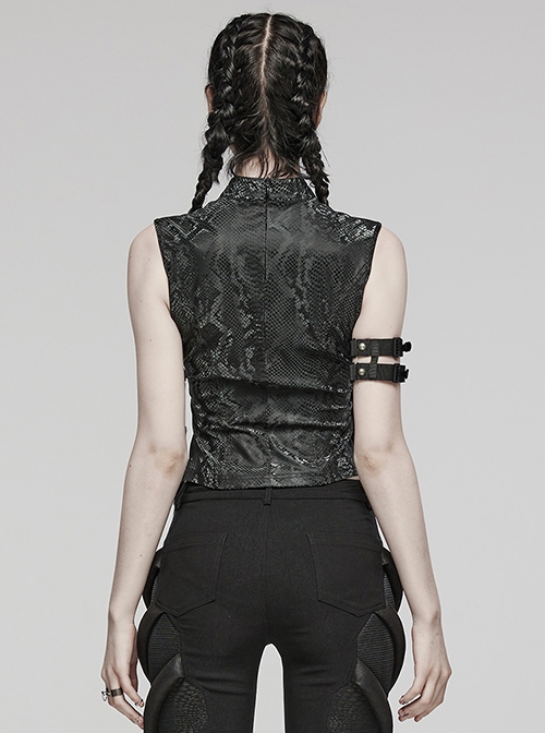 Black Elastic Snake Print Taped Patchwork Mesh With Front Hollow Metal Ring Decoration Punk Vest