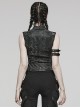 Black Elastic Snake Print Taped Patchwork Mesh With Front Hollow Metal Ring Decoration Punk Vest
