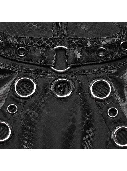 Black Elastic Snake Print Taped Patchwork Mesh With Front Hollow Metal Ring Decoration Punk Vest