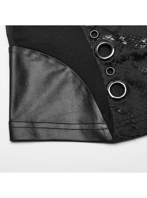 Black Elastic Snake Print Taped Patchwork Mesh With Front Hollow Metal Ring Decoration Punk Vest