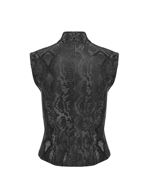 Black Elastic Snake Print Taped Patchwork Mesh With Front Hollow Metal Ring Decoration Punk Vest
