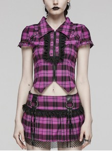 Black And Purple Plaid Front Chest Lapel Lace Decoration Punk Style Hollow Short Sleeved Shirt