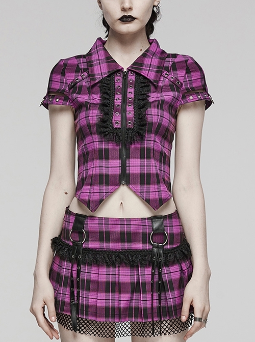 Black And Purple Plaid Front Chest Lapel Lace Decoration Punk Style Hollow Short Sleeved Shirt