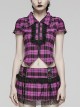 Black And Purple Plaid Front Chest Lapel Lace Decoration Punk Style Hollow Short Sleeved Shirt