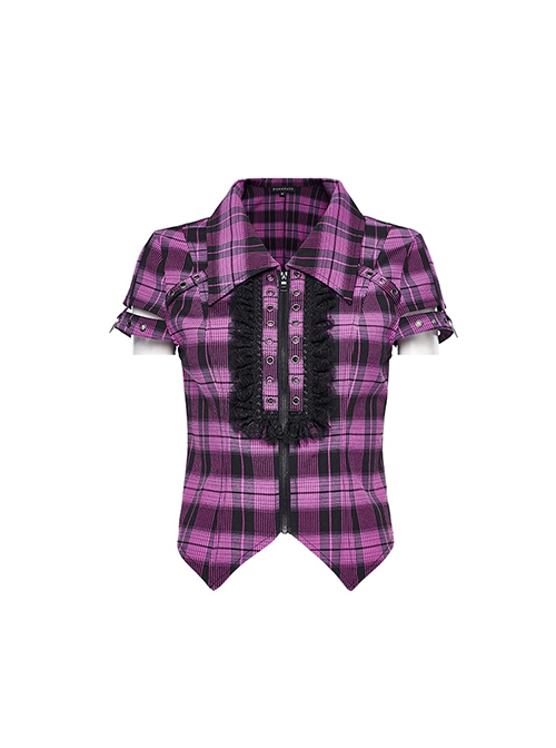 Black And Purple Plaid Front Chest Lapel Lace Decoration Punk Style Hollow Short Sleeved Shirt
