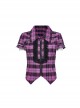 Black And Purple Plaid Front Chest Lapel Lace Decoration Punk Style Hollow Short Sleeved Shirt