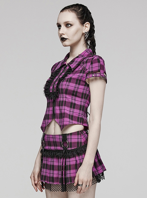 Black And Purple Plaid Front Chest Lapel Lace Decoration Punk Style Hollow Short Sleeved Shirt