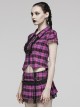 Black And Purple Plaid Front Chest Lapel Lace Decoration Punk Style Hollow Short Sleeved Shirt