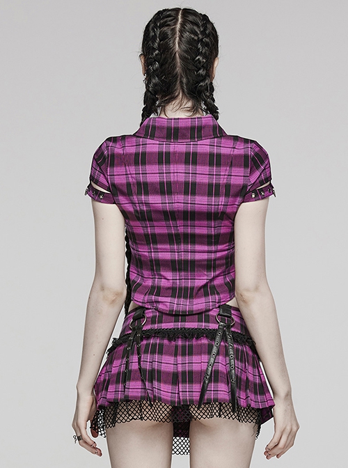 Black And Purple Plaid Front Chest Lapel Lace Decoration Punk Style Hollow Short Sleeved Shirt