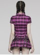 Black And Purple Plaid Front Chest Lapel Lace Decoration Punk Style Hollow Short Sleeved Shirt
