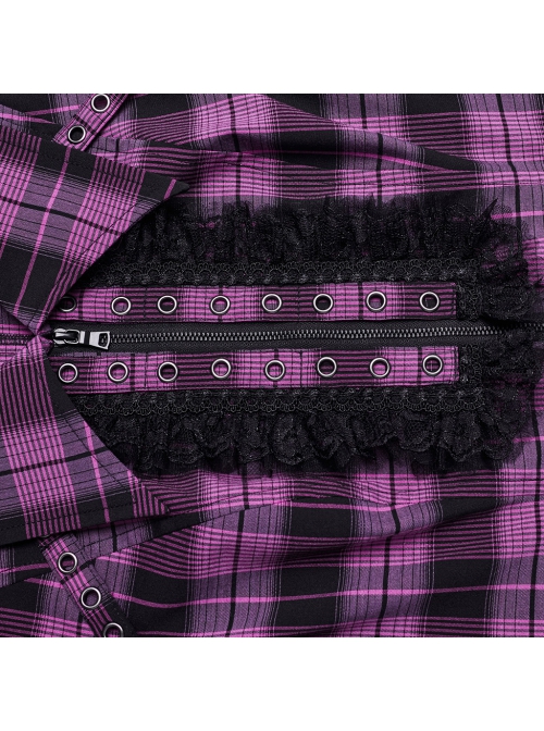 Black And Purple Plaid Front Chest Lapel Lace Decoration Punk Style Hollow Short Sleeved Shirt