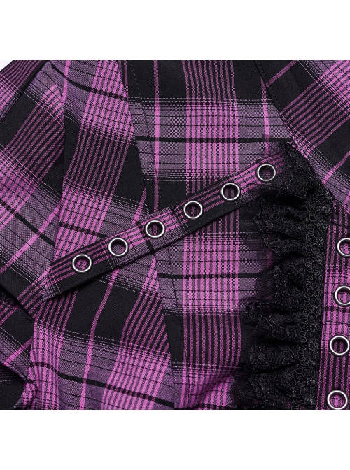 Black And Purple Plaid Front Chest Lapel Lace Decoration Punk Style Hollow Short Sleeved Shirt