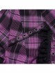 Black And Purple Plaid Front Chest Lapel Lace Decoration Punk Style Hollow Short Sleeved Shirt