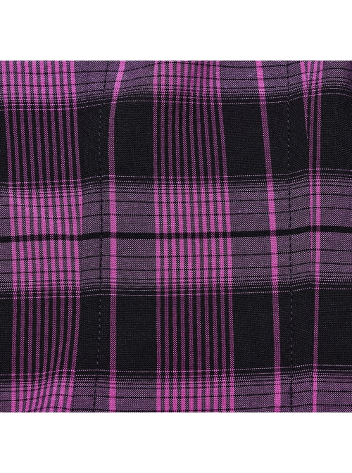 Black And Purple Plaid Front Chest Lapel Lace Decoration Punk Style Hollow Short Sleeved Shirt