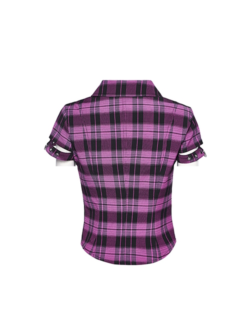 Black And Purple Plaid Front Chest Lapel Lace Decoration Punk Style Hollow Short Sleeved Shirt