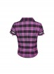 Black And Purple Plaid Front Chest Lapel Lace Decoration Punk Style Hollow Short Sleeved Shirt