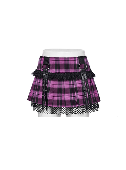 Sexy Black And Purple Plaid Spliced Taped Mesh Front And Back Metal Ring Link Leather Tabs Decorated Punk Style Mini Pleated Skirt