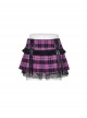 Sexy Black And Purple Plaid Spliced Taped Mesh Front And Back Metal Ring Link Leather Tabs Decorated Punk Style Mini Pleated Skirt