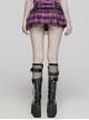 Sexy Black And Purple Plaid Spliced Taped Mesh Front And Back Metal Ring Link Leather Tabs Decorated Punk Style Mini Pleated Skirt