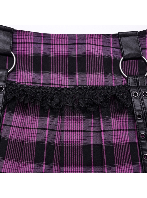 Sexy Black And Purple Plaid Spliced Taped Mesh Front And Back Metal Ring Link Leather Tabs Decorated Punk Style Mini Pleated Skirt