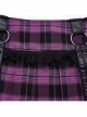 Sexy Black And Purple Plaid Spliced Taped Mesh Front And Back Metal Ring Link Leather Tabs Decorated Punk Style Mini Pleated Skirt