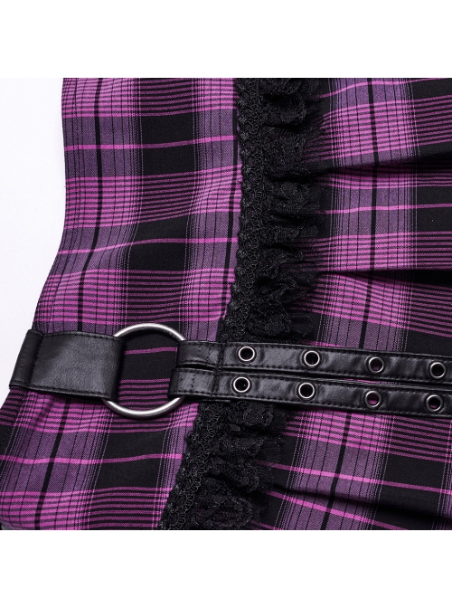 Sexy Black And Purple Plaid Spliced Taped Mesh Front And Back Metal Ring Link Leather Tabs Decorated Punk Style Mini Pleated Skirt