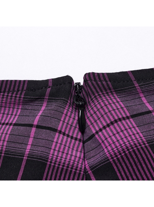 Sexy Black And Purple Plaid Spliced Taped Mesh Front And Back Metal Ring Link Leather Tabs Decorated Punk Style Mini Pleated Skirt