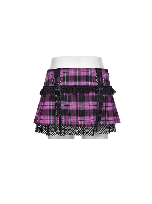 Sexy Black And Purple Plaid Spliced Taped Mesh Front And Back Metal Ring Link Leather Tabs Decorated Punk Style Mini Pleated Skirt