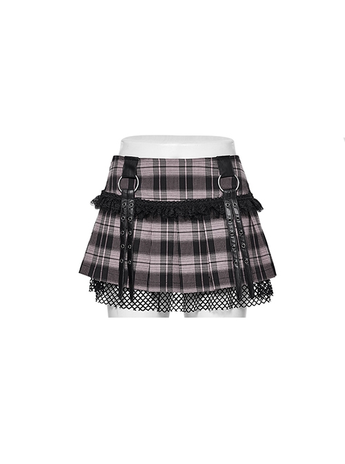 Sexy Black And Pink Plaid Spliced Taped Mesh Front And Back Metal Ring Link Leather Tabs Decorated Punk Style Mini Pleated Skirt