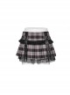 Sexy Black And Pink Plaid Spliced Taped Mesh Front And Back Metal Ring Link Leather Tabs Decorated Punk Style Mini Pleated Skirt