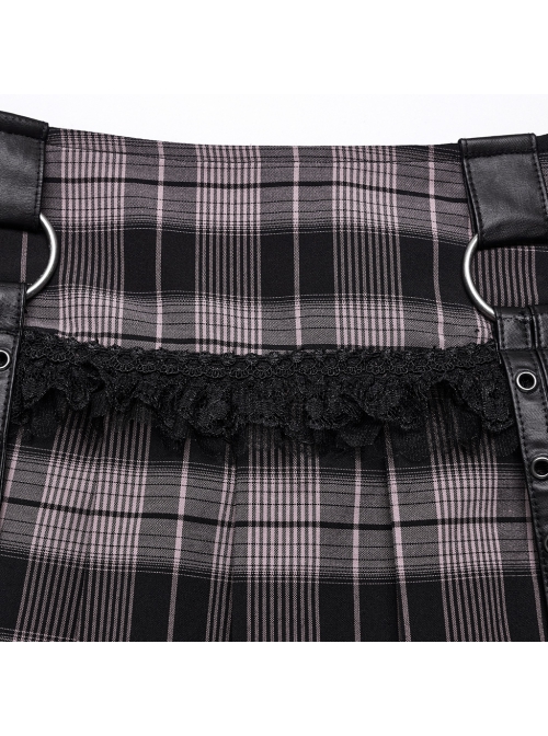 Sexy Black And Pink Plaid Spliced Taped Mesh Front And Back Metal Ring Link Leather Tabs Decorated Punk Style Mini Pleated Skirt