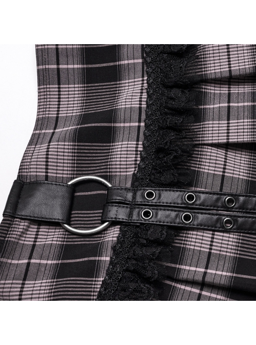 Sexy Black And Pink Plaid Spliced Taped Mesh Front And Back Metal Ring Link Leather Tabs Decorated Punk Style Mini Pleated Skirt