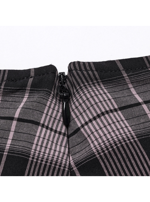 Sexy Black And Pink Plaid Spliced Taped Mesh Front And Back Metal Ring Link Leather Tabs Decorated Punk Style Mini Pleated Skirt