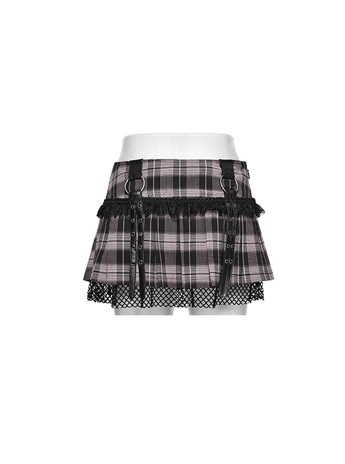 Sexy Black And Pink Plaid Spliced Taped Mesh Front And Back Metal Ring Link Leather Tabs Decorated Punk Style Mini Pleated Skirt