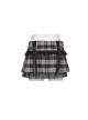 Sexy Black And Pink Plaid Spliced Taped Mesh Front And Back Metal Ring Link Leather Tabs Decorated Punk Style Mini Pleated Skirt