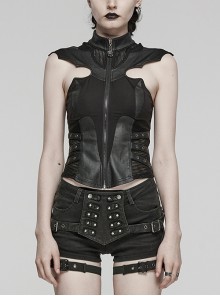 Black Stretch Knitted Stitching And Taped Exaggerated Hollow Bat Wings Punk Style Handsome Sleeveless Vest