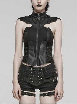 Black Stretch Knitted Stitching And Taped Exaggerated Hollow Bat Wings Punk Style Handsome Sleeveless Vest