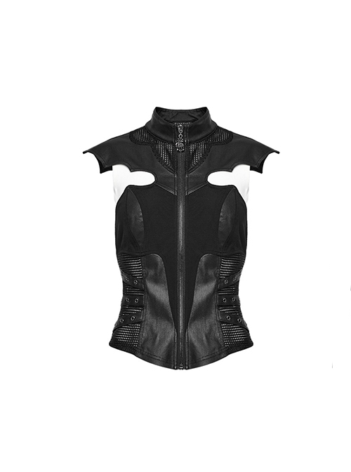 Black Stretch Knitted Stitching And Taped Exaggerated Hollow Bat Wings Punk Style Handsome Sleeveless Vest