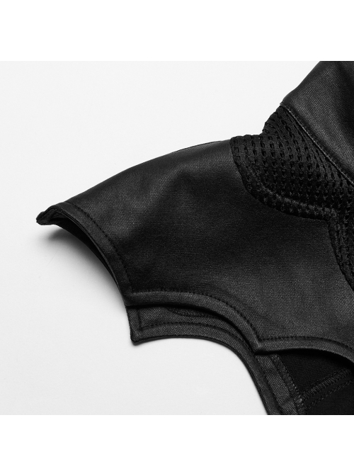 Black Stretch Knitted Stitching And Taped Exaggerated Hollow Bat Wings Punk Style Handsome Sleeveless Vest