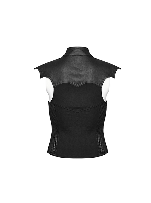 Black Stretch Knitted Stitching And Taped Exaggerated Hollow Bat Wings Punk Style Handsome Sleeveless Vest