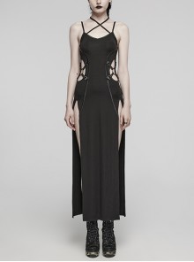 Sexy Slit Black Stretch Knitted Waist Hollow Punk Style Suspender Dress