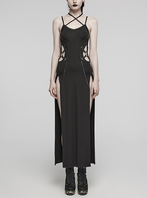 Sexy Slit Black Stretch Knitted Waist Hollow Punk Style Suspender Dress