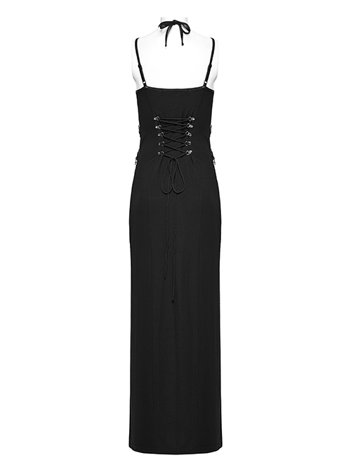 Sexy Slit Black Stretch Knitted Waist Hollow Punk Style Suspender Dress