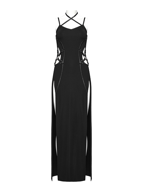 Sexy Slit Black Stretch Knitted Waist Hollow Punk Style Suspender Dress