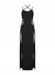Sexy Slit Black Stretch Knitted Waist Hollow Punk Style Suspender Dress