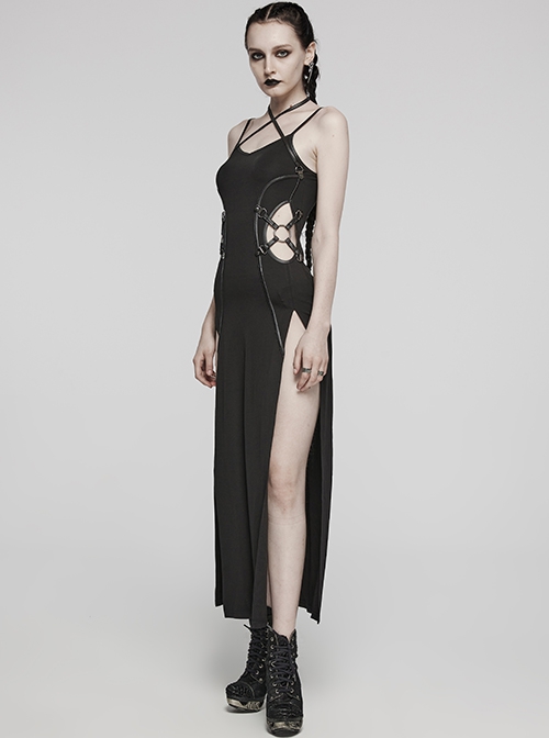 Sexy Slit Black Stretch Knitted Waist Hollow Punk Style Suspender Dress