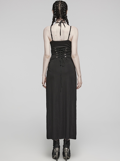 Sexy Slit Black Stretch Knitted Waist Hollow Punk Style Suspender Dress